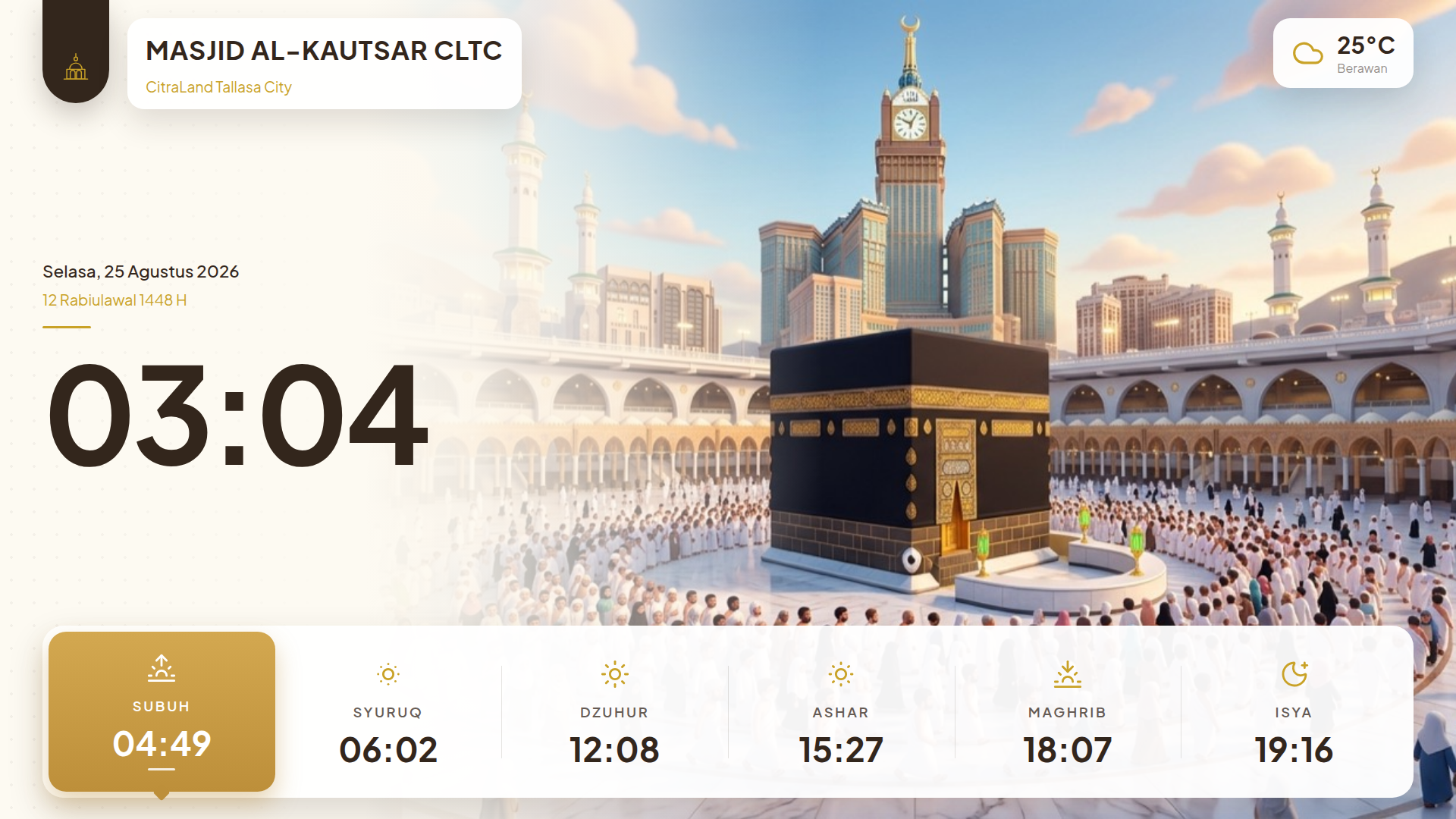 Tema utama Makkah Ivory pada display waktu salat Abajid